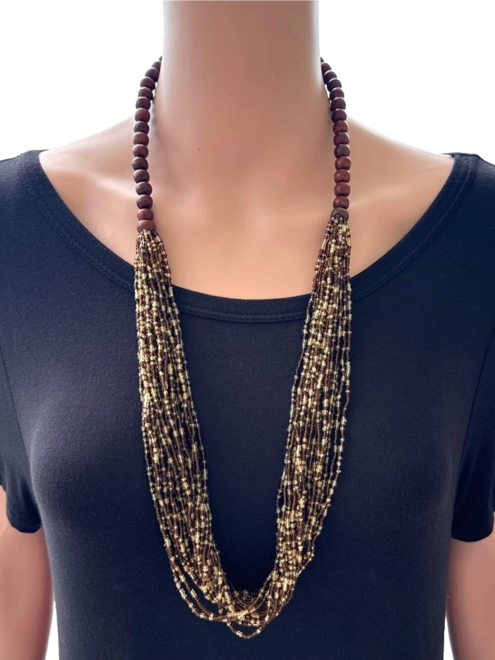 Boho Style Beaded Necklace Chunky Multi Strand Brown Cream
